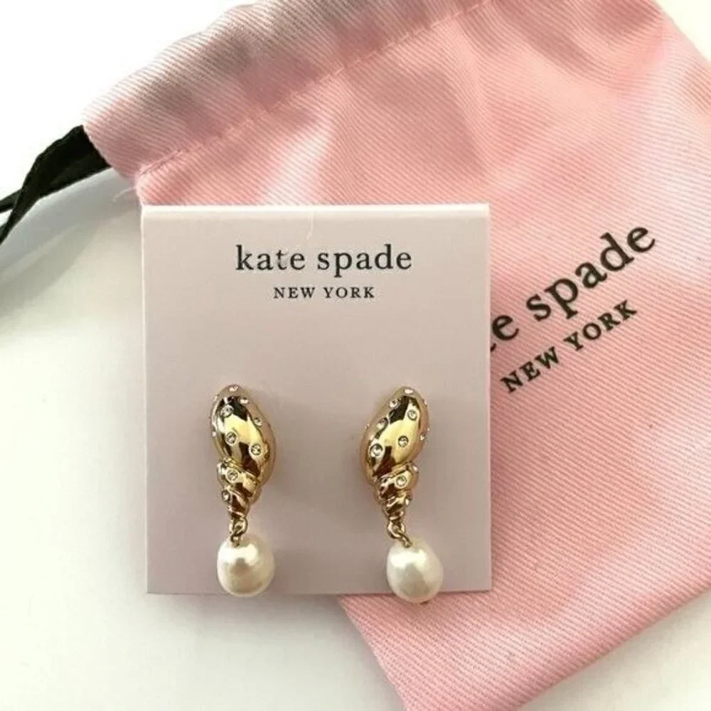 NWT Kate Spade Under the Sea Pave Gold Shell Freshwater Pearl Pierced Earrings